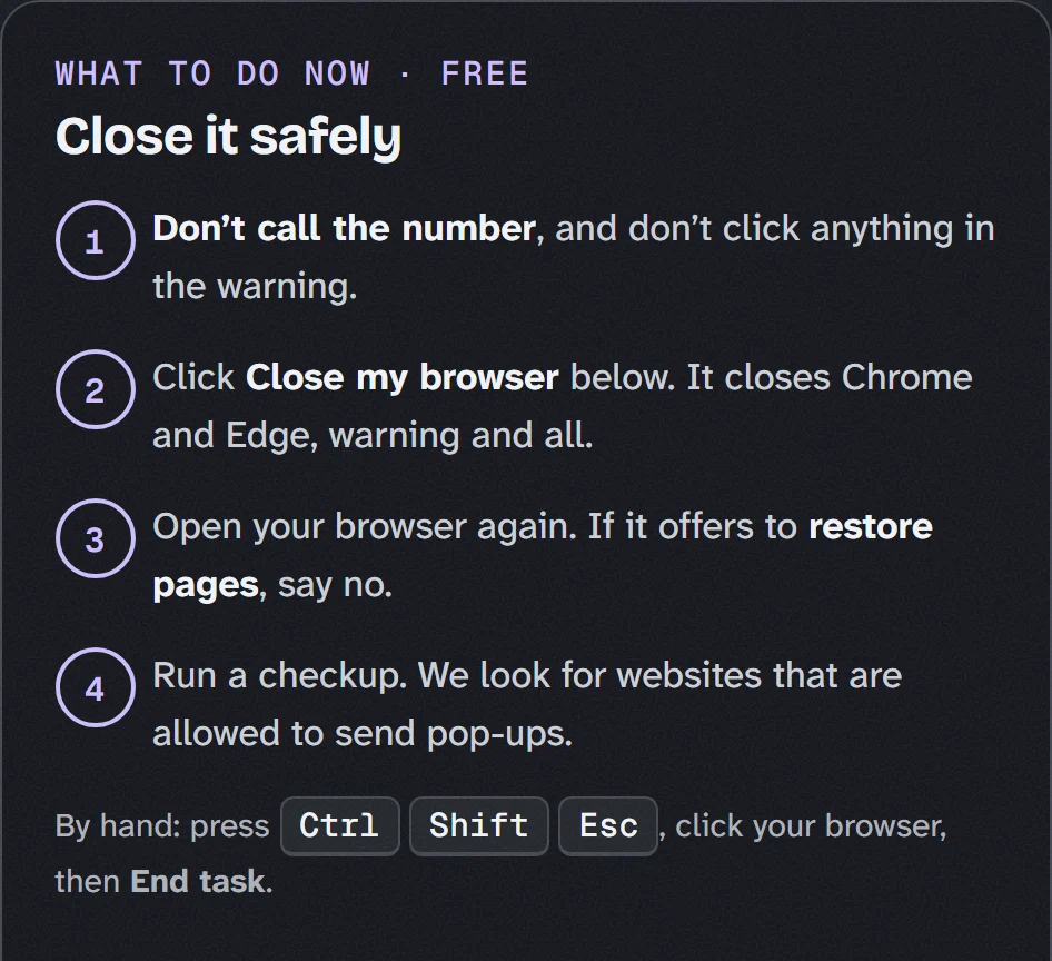 OkayPC&rsquo;s steps for a fake warning: don&rsquo;t call the number, close the browser, say no to restoring pages, then run a checkup.